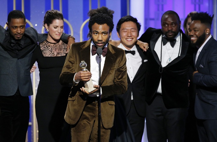 BEVERLY HILLS, CA - JANUARY 08: In this handout photo provided by NBCUniversal, creator, executive producer and actor Donald Glover accepts the award for Best Television Series - Musical or Comedy for the series "Atlanta" during the 74th Annual Golden Globe Awards at The Beverly Hilton Hotel on January 8, 2017 in Beverly Hills, California. (Photo by Paul Drinkwater/NBCUniversal via Getty Images)